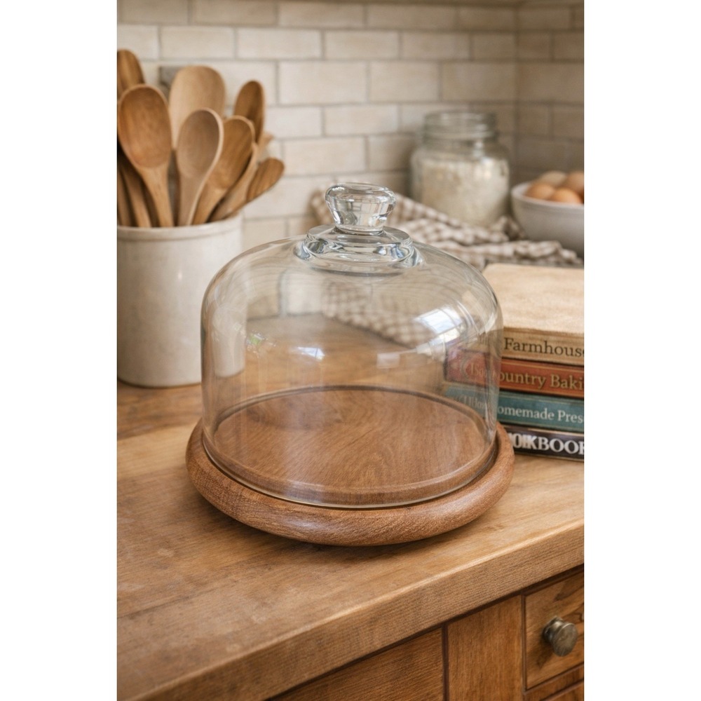 Vintage Teak Wood Cheese Board / Cake Stand w/Glass Cloche Dome Mid-Century - Picture 1 of 8